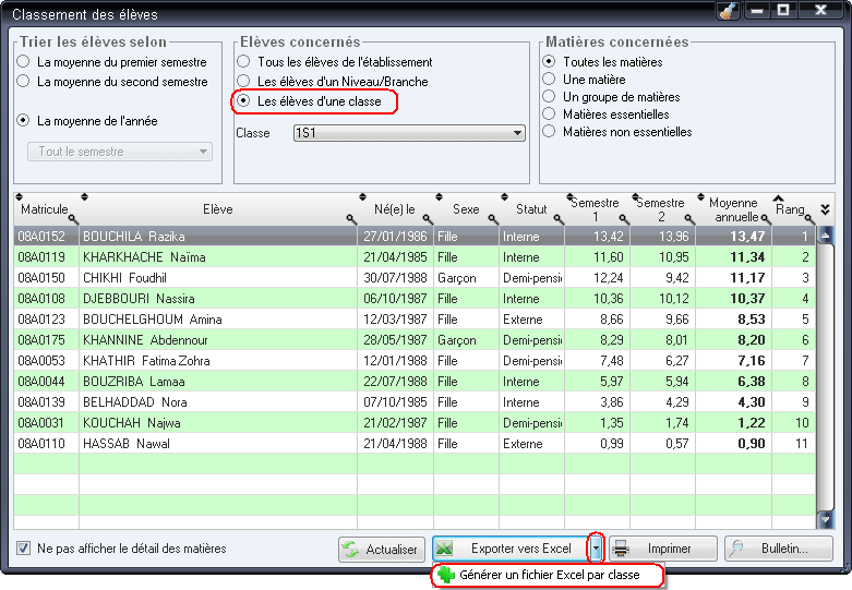 classement des élèves