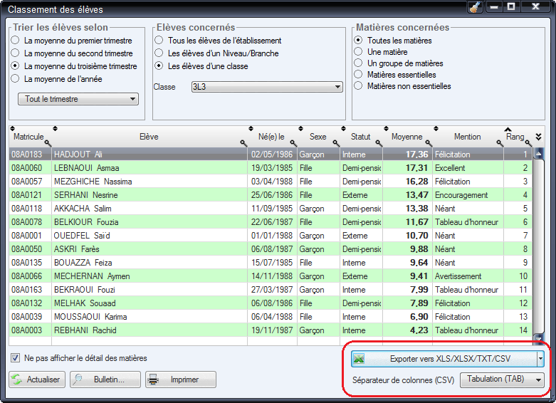 Export des notes des élèves au formats XLS, XLSX, TXT et CSV