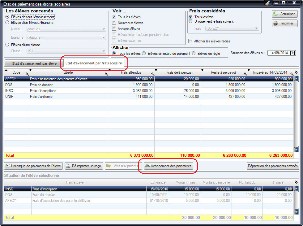 Etat d'avancement des paiements par frais scolaires