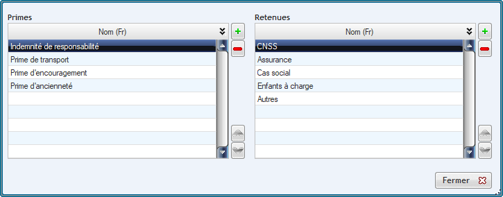 Configuration des primes et des retentues