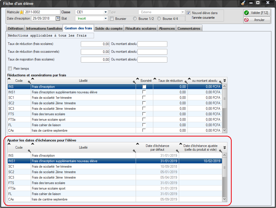Surcharge des dates d'éhéance par élève