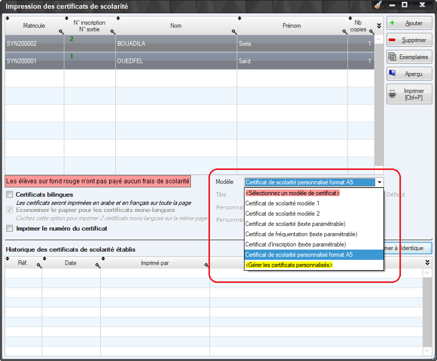 Impression de certificats de scolarité - choix du modèle personnalisé