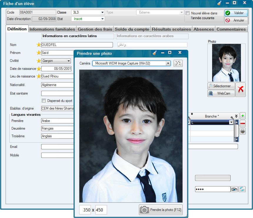Fiche élève : prise de photo par WebCam