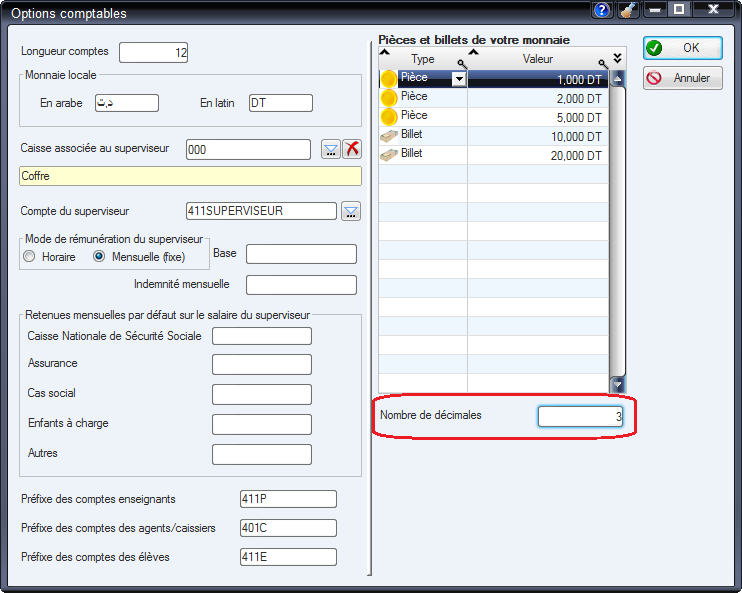 Options comptables - nombres de décimales