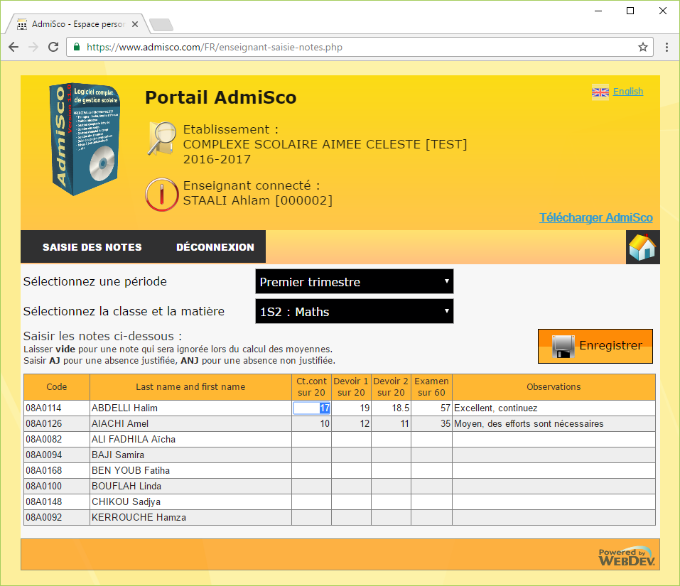 Portail Internet : page de saisie des notes