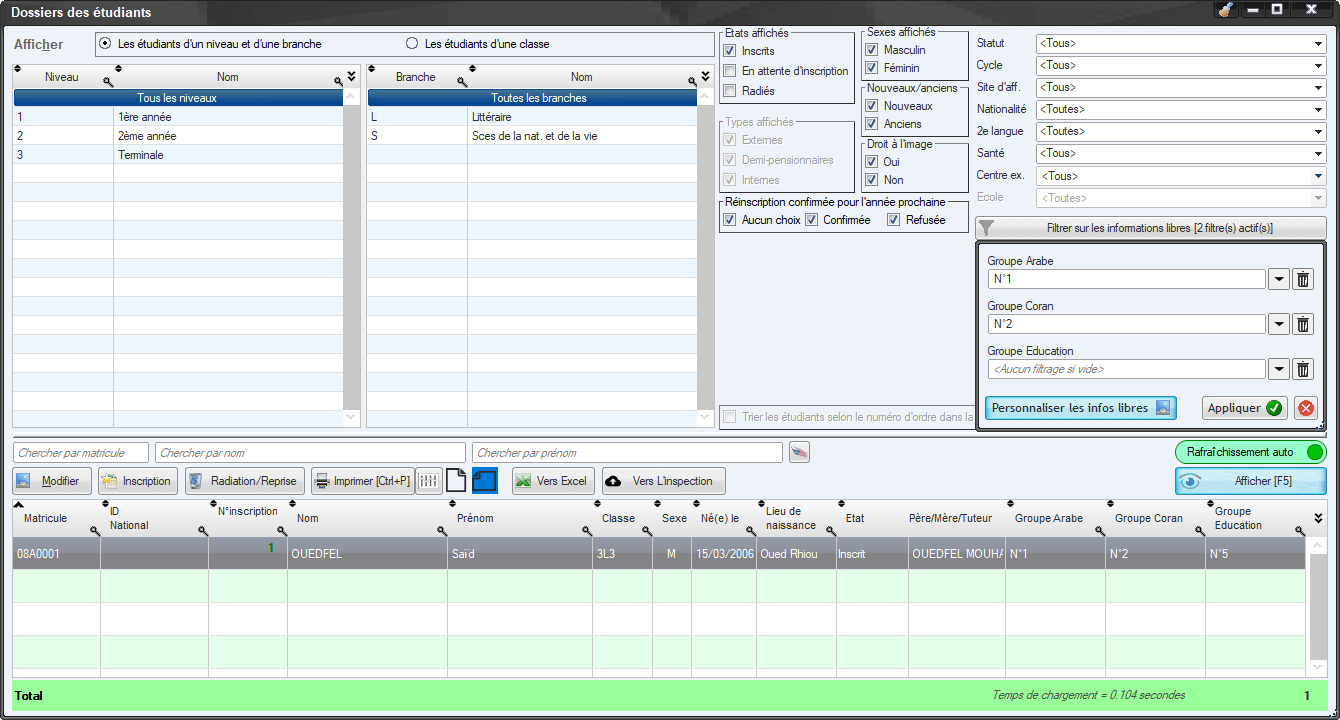 Filtrage des élèves selon les informations libres