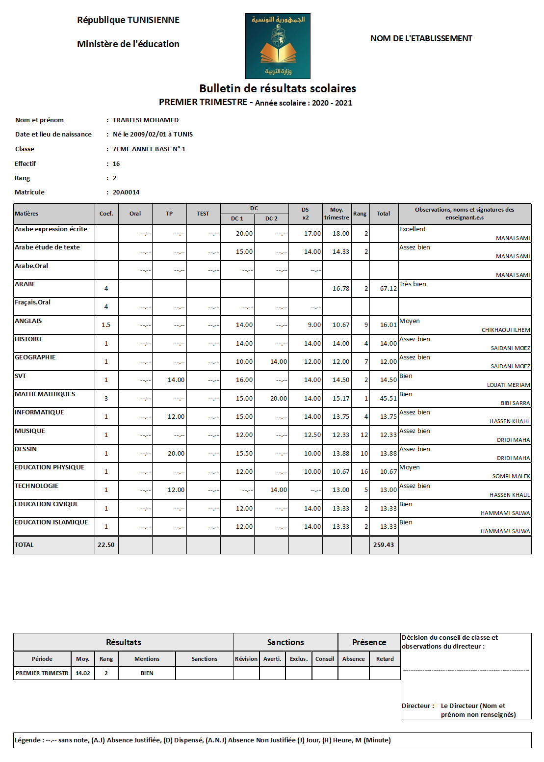 Modèle de bulletin tunisien en Français