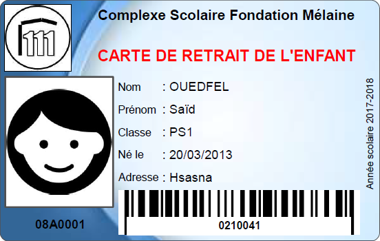 Carte de retrait de l'enfant