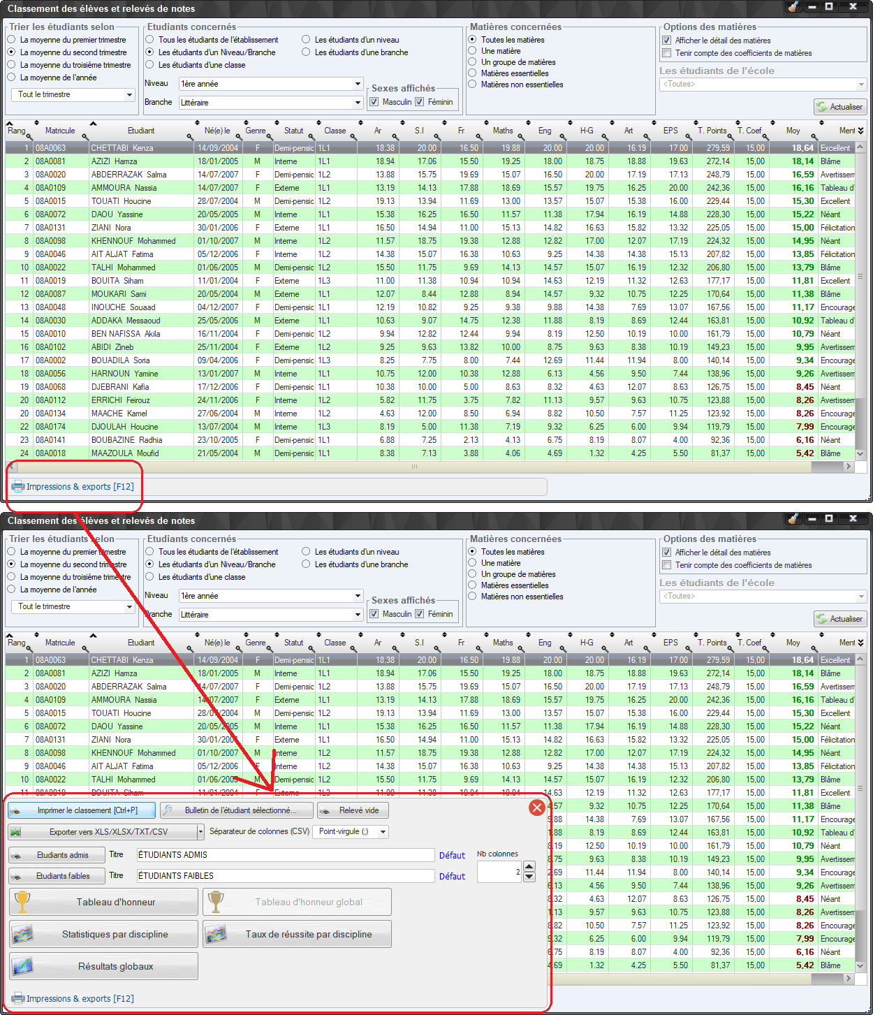 Popup d'impressions et d'exports de la fenêtre du classement des élèves