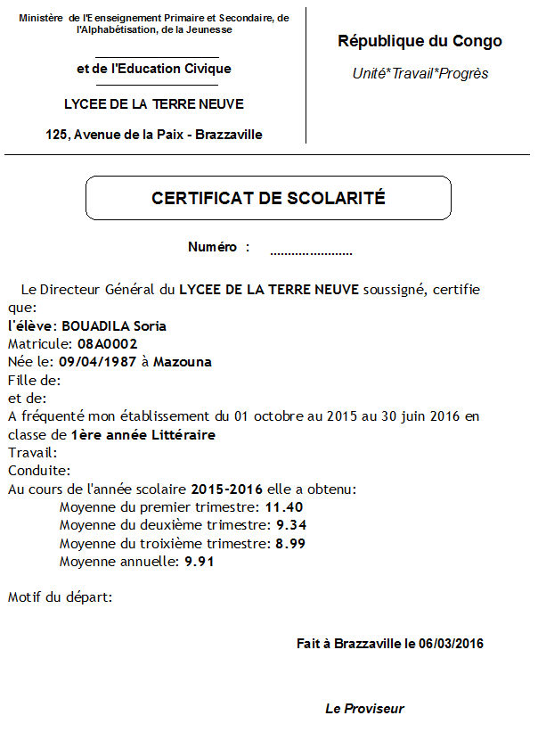 Certificat de scolarité avec le texte personnalisé