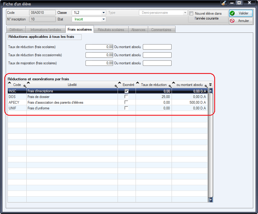 Frais scolaire (fiche d'un élève)