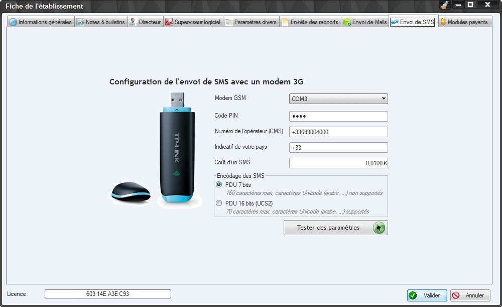 Paramétrage de l'envoi de SMS