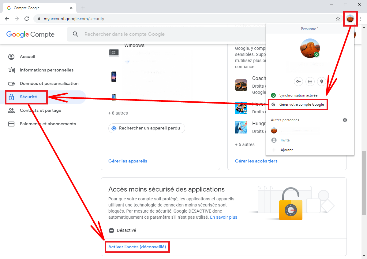 COMPTE GOOGLE - Activation de l'accès moins sécurisé des applications