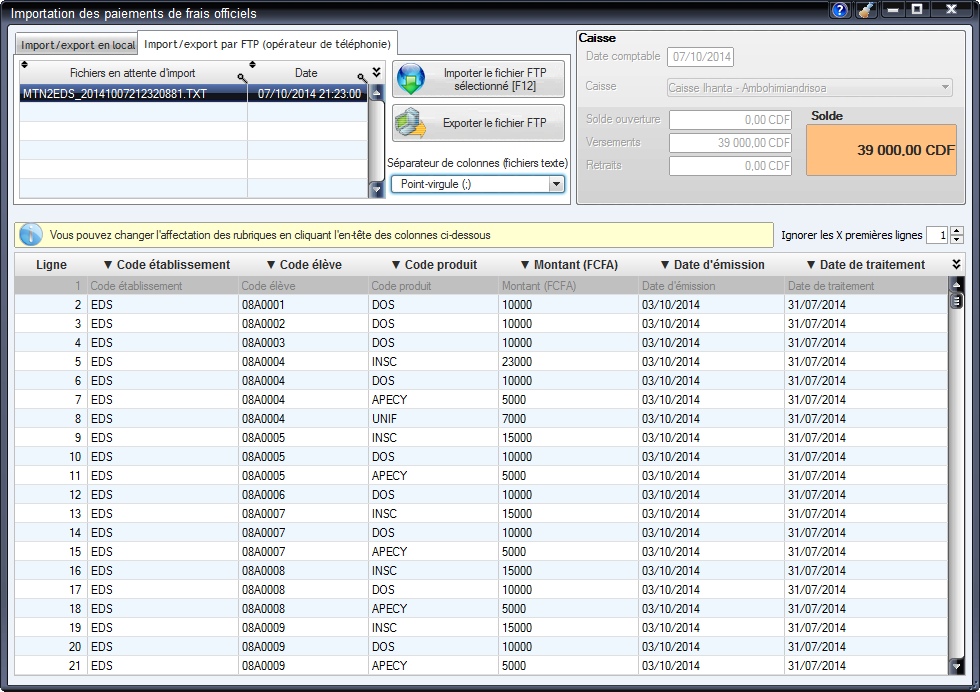 Importation/exportation des paiements  par FTP