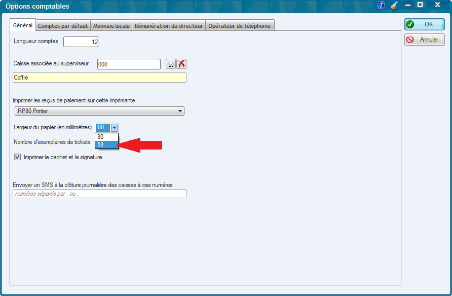 Choix de la largeur du papier pour l'imprimante de caisse